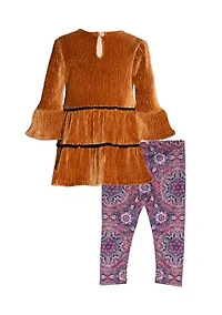 Toddler Girls Tiered Velvet Top and Printed Leggings Set