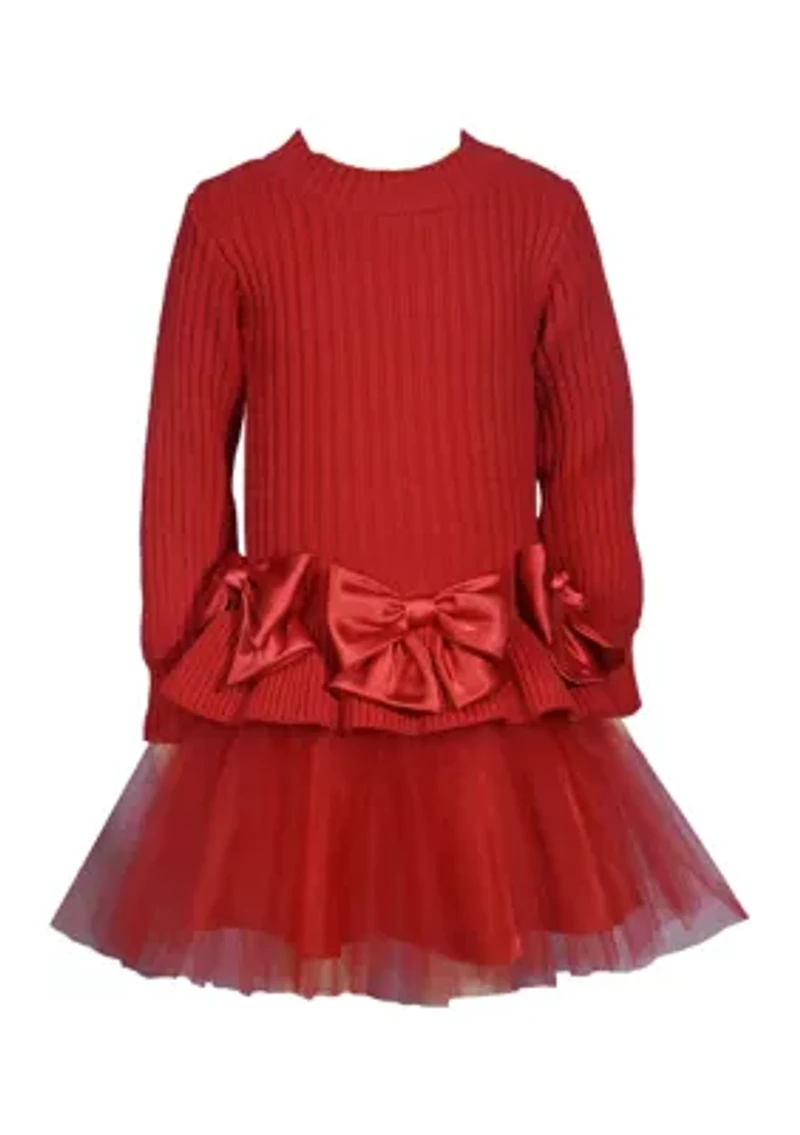 Toddler Girls Long Sleeve Cable Sweater Bow Popover Dress