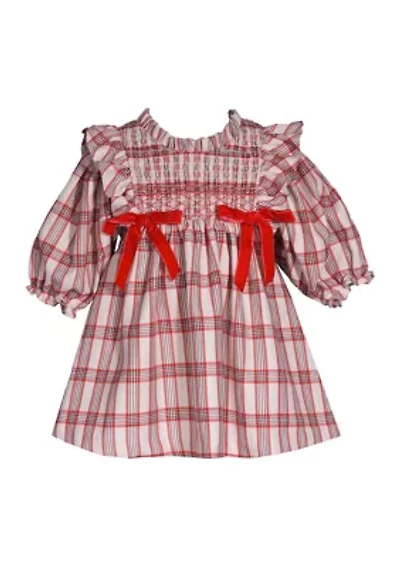 Girls 3/4 Sleeve Smocked Plaid Dress