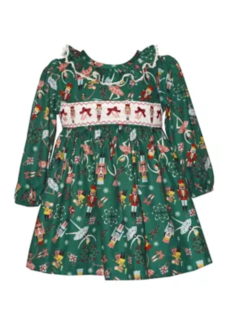 Toddler Girls Long Sleeve Smocked Nutcracker Dress