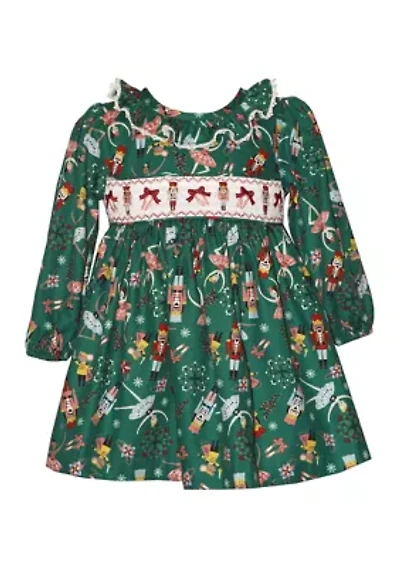Toddler Girls Long Sleeve Smocked Nutcracker Dress