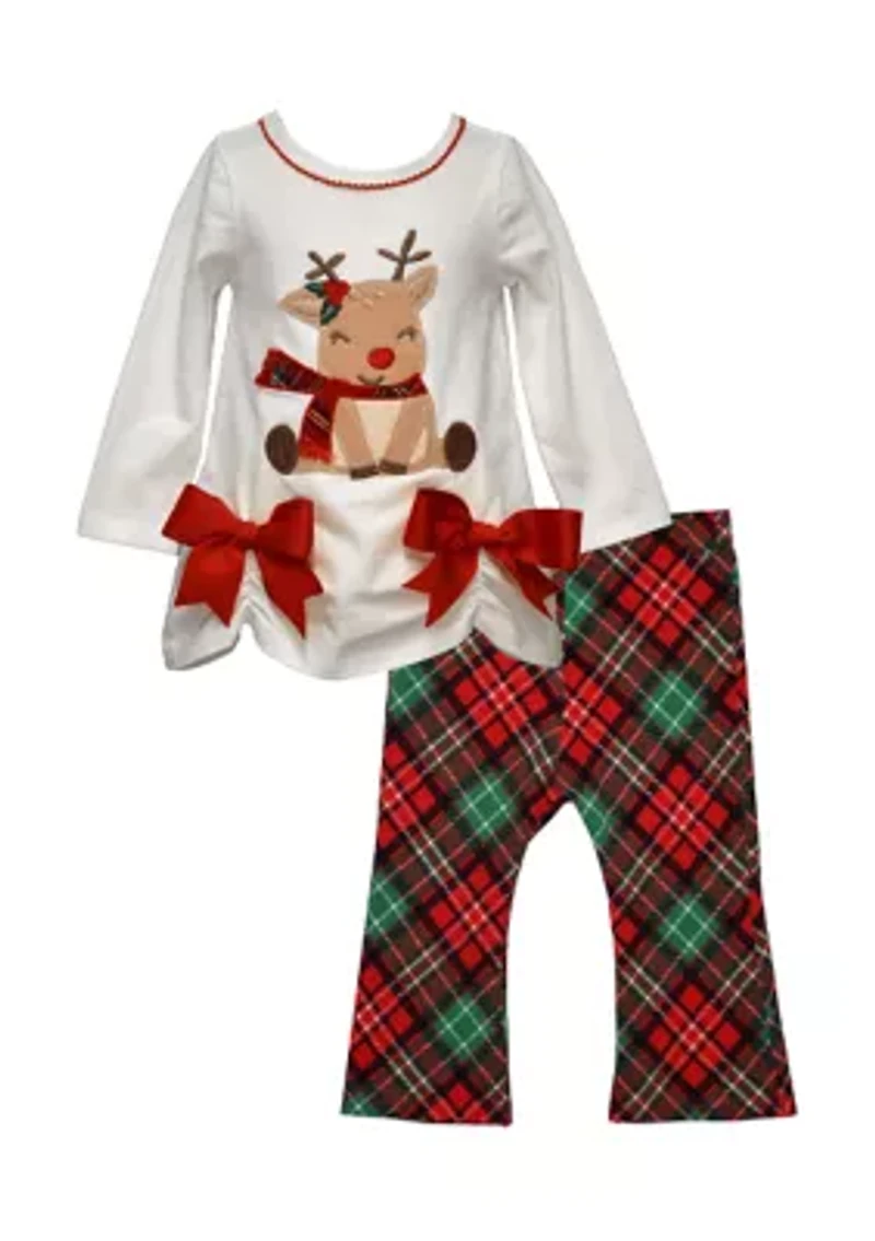 Toddler Girls Long Sleeve Reindeer Set with Plaid Leggings