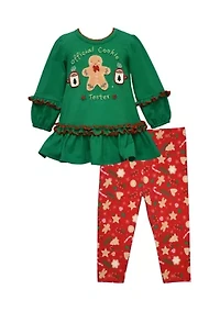 Toddlers Girls Long Sleeve Gingerbread Set with Printed Leggings