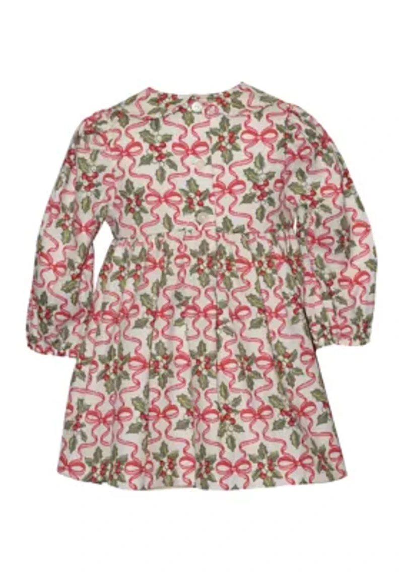 Toddler Girls Long Sleeve Smocked Holly Print Dress