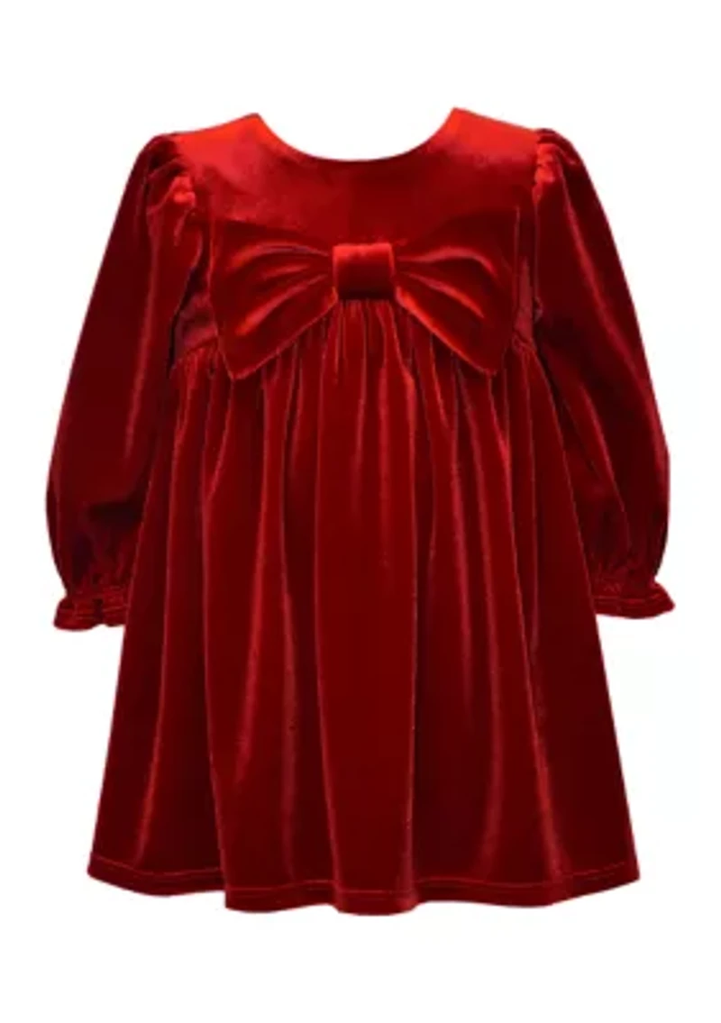 Baby Girls Long Sleeve Stretch Velvet Dress with Bow