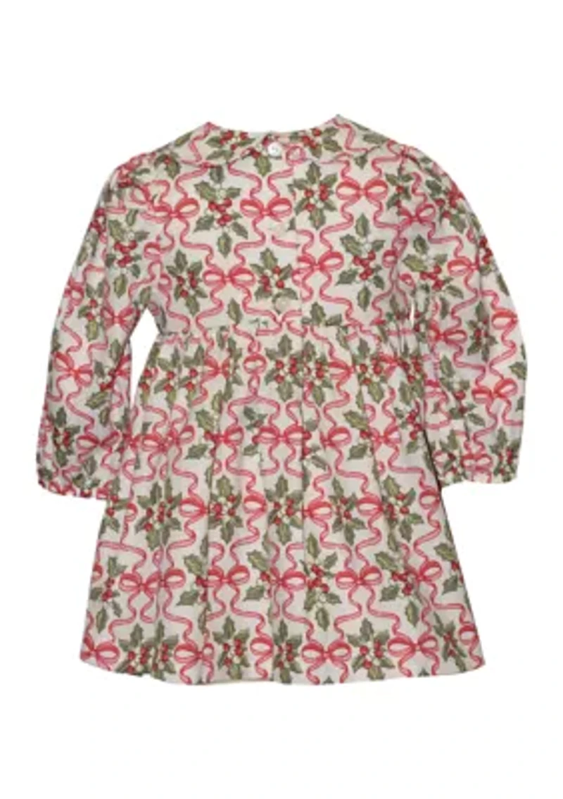 Baby Girls Long Sleeve Smocked Holly Print Dress