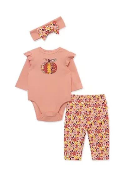 Baby Girls Pumpkin Bodysuit and Pants Set with Headband