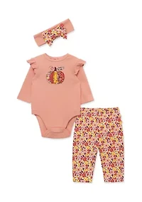 Baby Girls Pumpkin Bodysuit and Pants Set with Headband