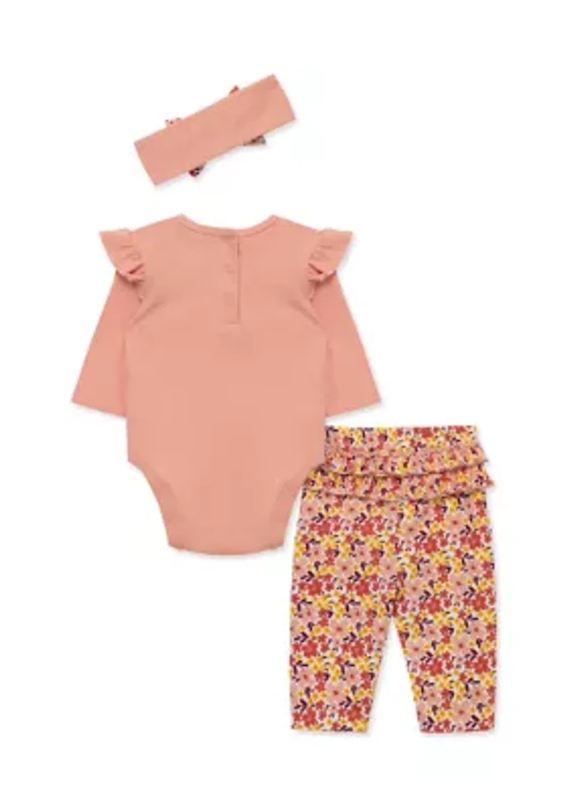 Baby Girls Pumpkin Bodysuit and Pants Set with Headband