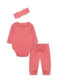 Baby Girls Rose Bodysuit and Pants Set with Headband