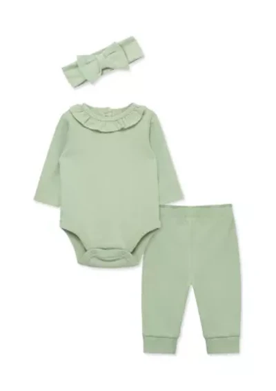 Baby Girls Green Bodysuit and Pants Set with Headband