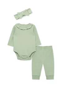 Baby Girls Green Bodysuit and Pants Set with Headband