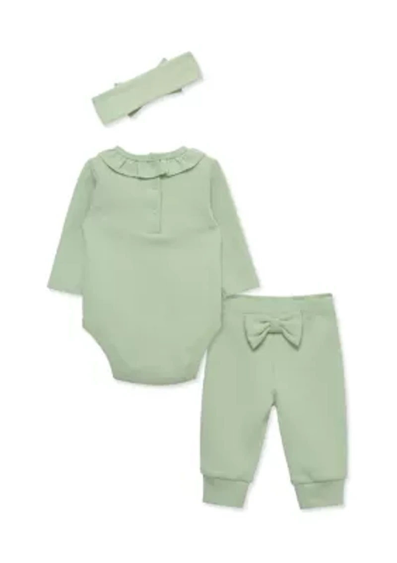 Baby Girls Green Bodysuit and Pants Set with Headband