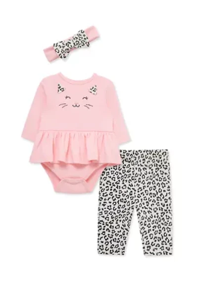 Baby Girls Leopard Bodysuit and Pants Set with Headband
