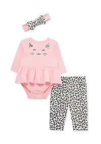 Baby Girls Leopard Bodysuit and Pants Set with Headband