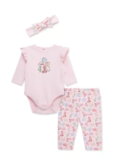 Baby Girls Western Bodysuit Pant Set with Headband