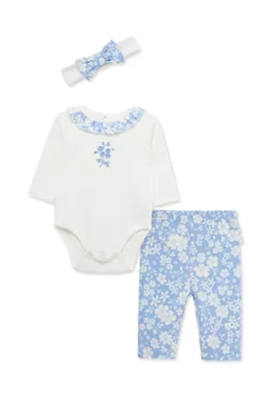 Baby Girls Floral Bodysuit Pant Set with Headband