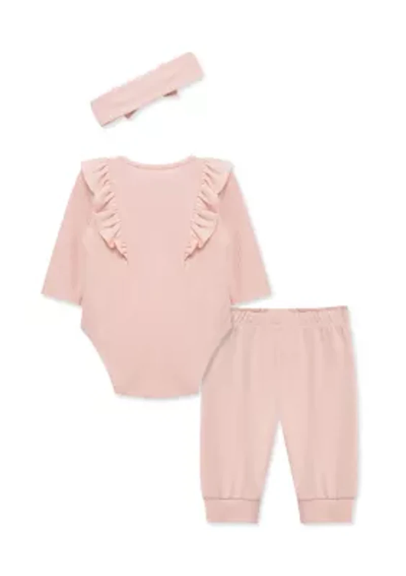Baby Girls Pink Bodysuit Pants Set with Headband