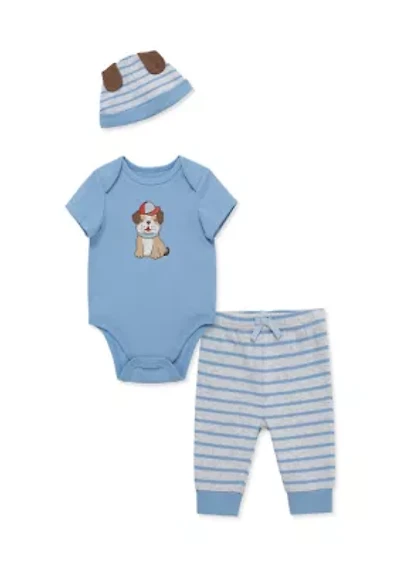 Baby Boys Puppy Bodysuit and Pants Set with Hat