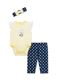 Baby Girls Daisy Bodysuit and Pants Set with Headband