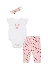 Baby Girls Strawberry Bodysuit and Pants Set with Headband