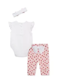Baby Girls Strawberry Bodysuit and Pants Set with Headband