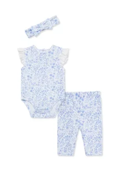 Baby Girls Floral Eyelet Bodysuit and Pants Set with Headband