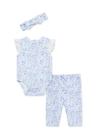 Baby Girls Floral Eyelet Bodysuit and Pants Set with Headband