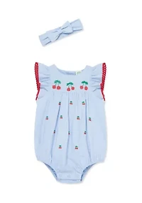 Baby Girls Cherries Bubble Romper with Headband