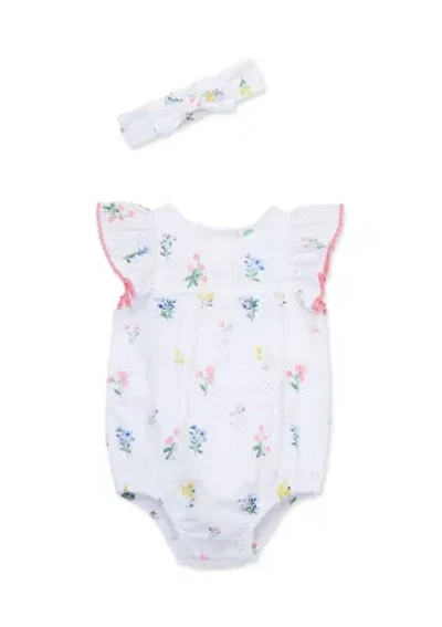Baby Girls Eyelet Floral Bubble Romper with Headband