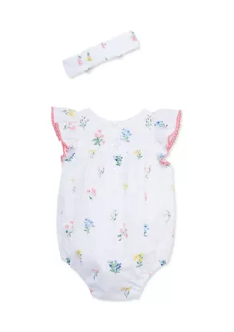 Baby Girls Eyelet Floral Bubble Romper with Headband