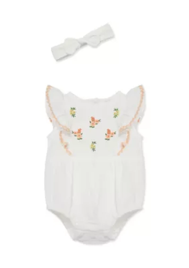 Baby Girls Flowers Bubble Bodysuit with Headband