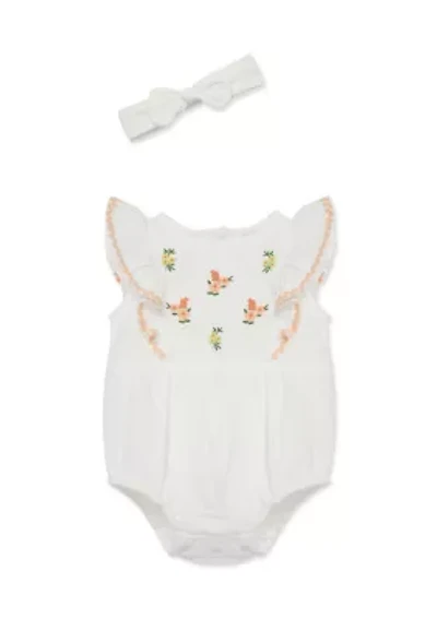 Baby Girls Flowers Bubble Bodysuit with Headband
