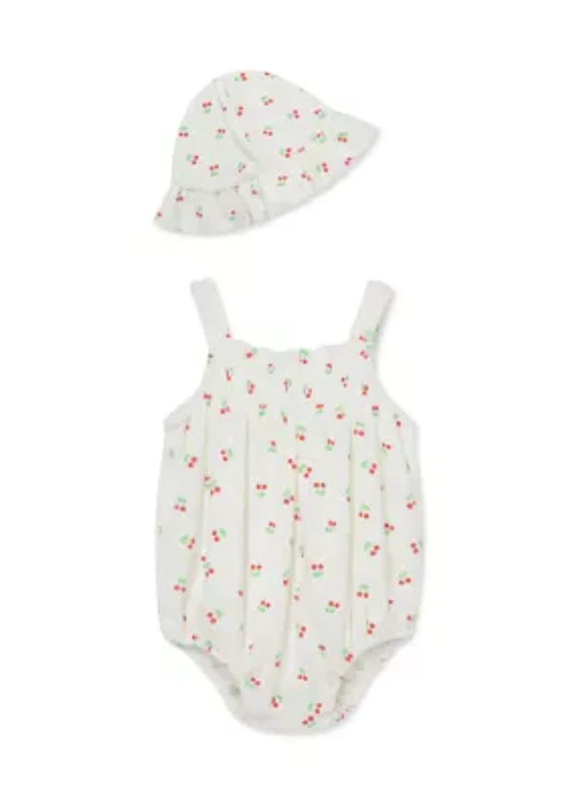 Baby Girls Cherries Bubble Bodysuit with Hat