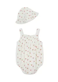 Baby Girls Cherries Bubble Bodysuit with Hat