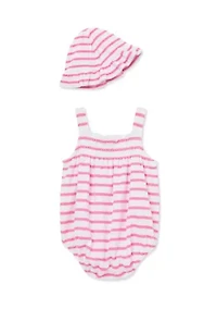 Baby Girls Striped Bubble Bodysuit with Hat