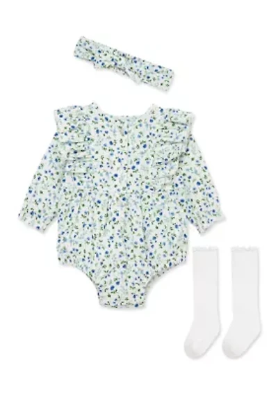 Baby Girls Blue Floral Bubble with Headband and Socks