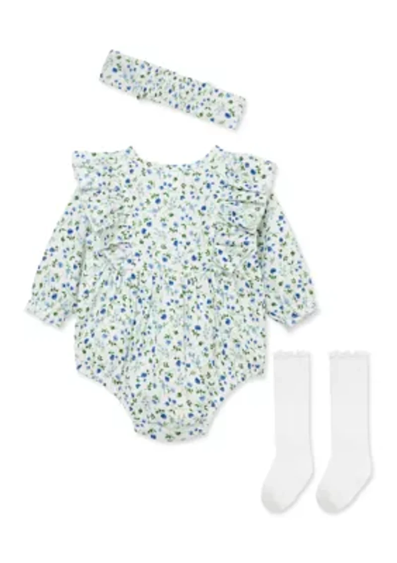 Baby Girls Blue Floral Bubble with Headband and Socks