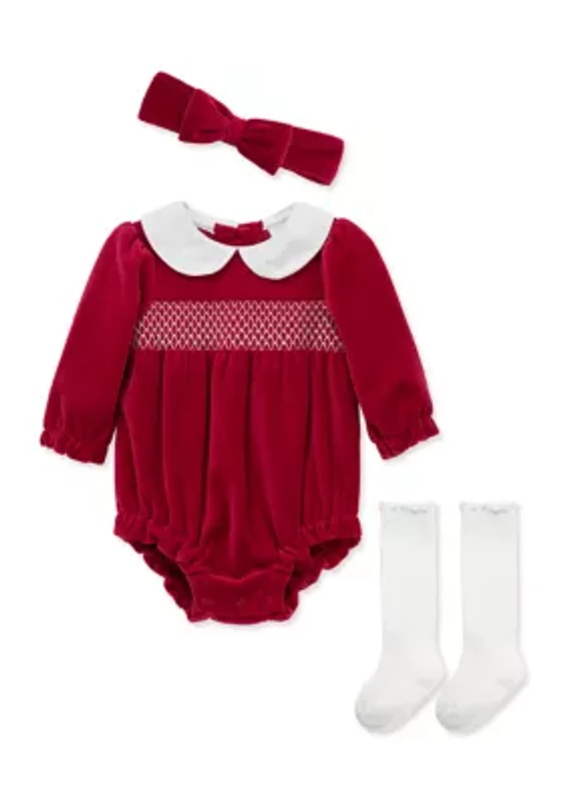 Baby Girls Smocked Bubble Set with Headband and Socks