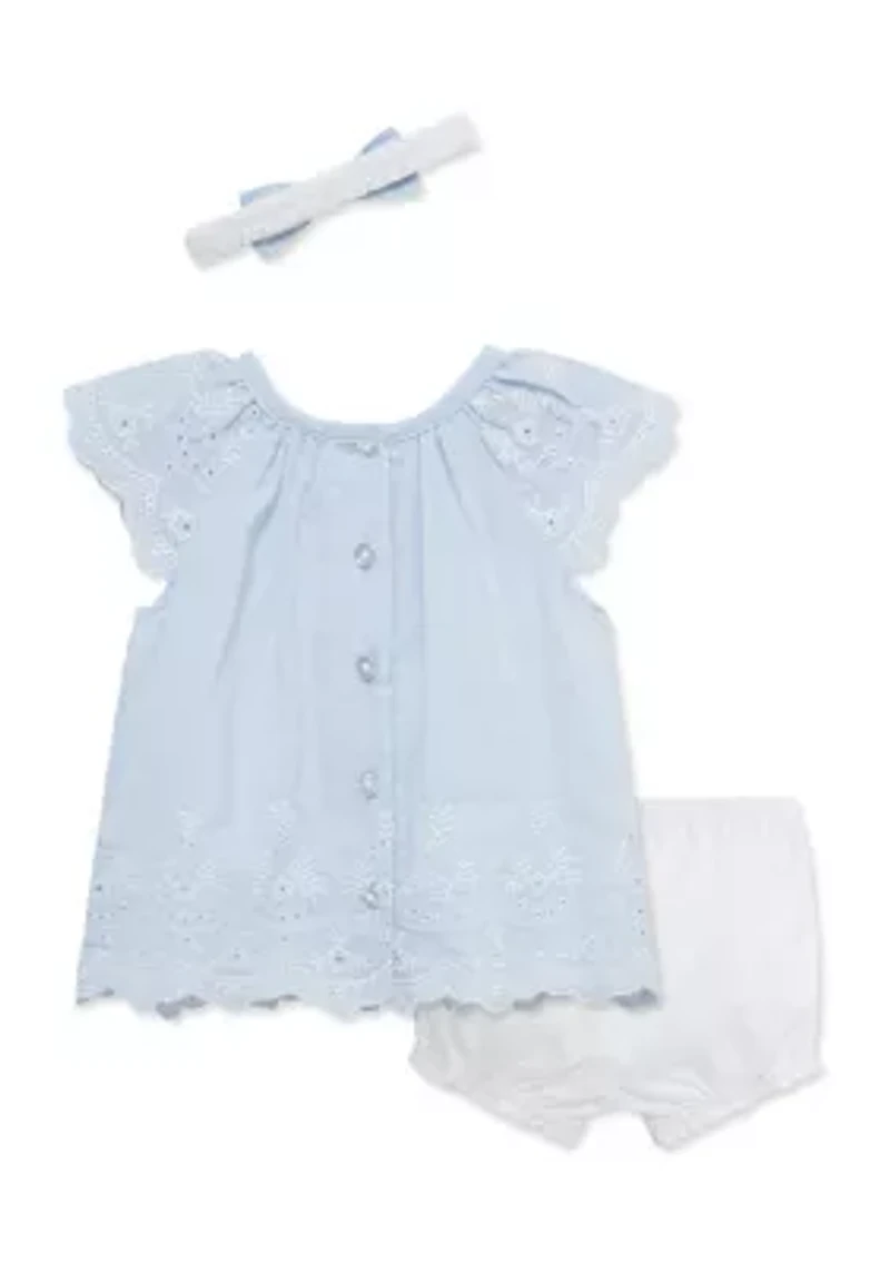 Baby Girls Eyelet Stripe Sunsuit with Headband