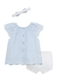 Baby Girls Eyelet Stripe Sunsuit with Headband