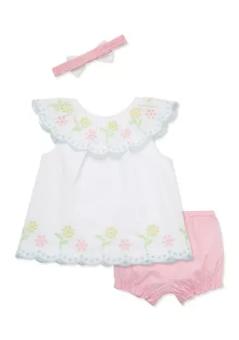 Baby Girls Multi Eyelet Sunsuit and Headband Set