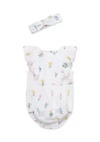 Baby Girls Eyelet Floral Bubble with Headband