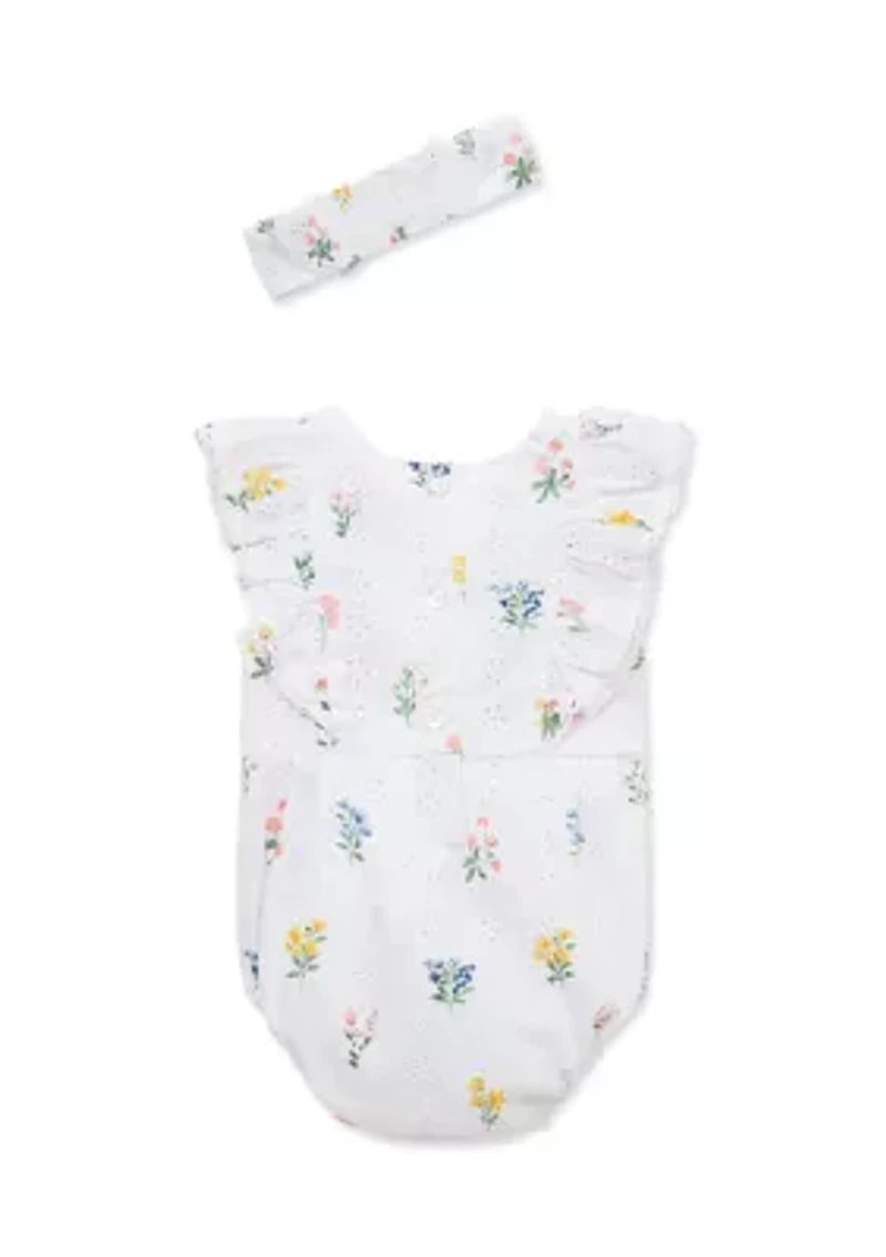 Baby Girls Eyelet Floral Bubble with Headband