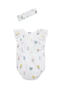 Baby Girls Eyelet Floral Bubble with Headband