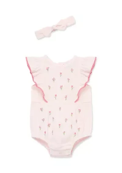 Baby Girls Tiny Flowers One Piece and Headband Set