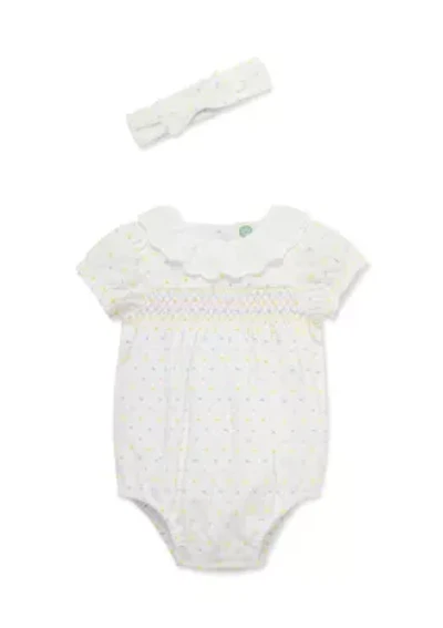 Baby Girls Smocked Dot Bubble Onesie with Headband