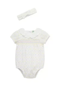 Baby Girls Smocked Dot Bubble Onesie with Headband