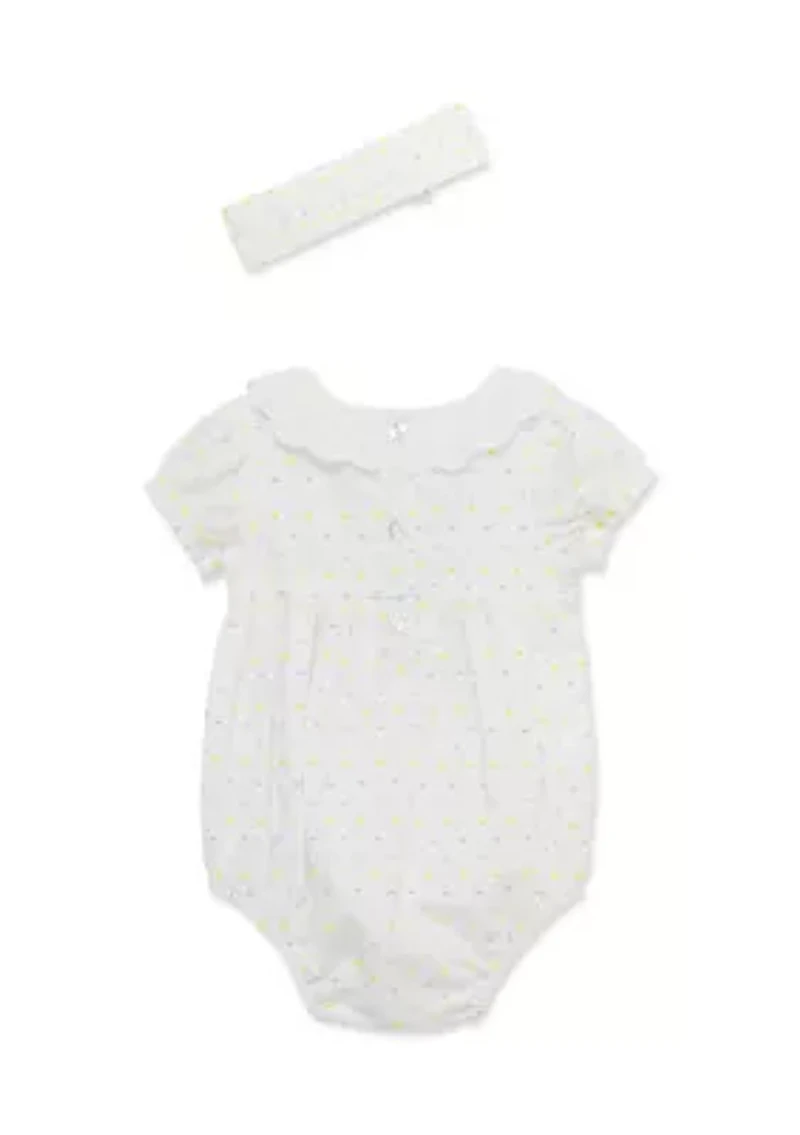Baby Girls Smocked Dot Bubble Onesie with Headband