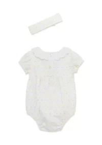Baby Girls Smocked Dot Bubble Onesie with Headband